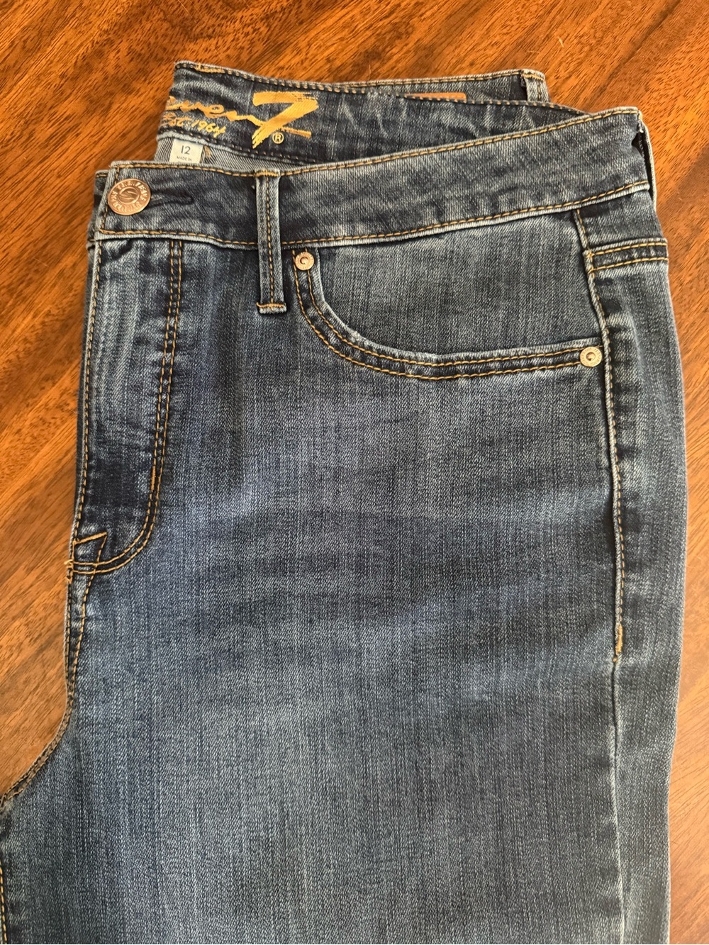 Seven7 Women's Straight Leg Jeans in Mid Blue with Gold Stitching
